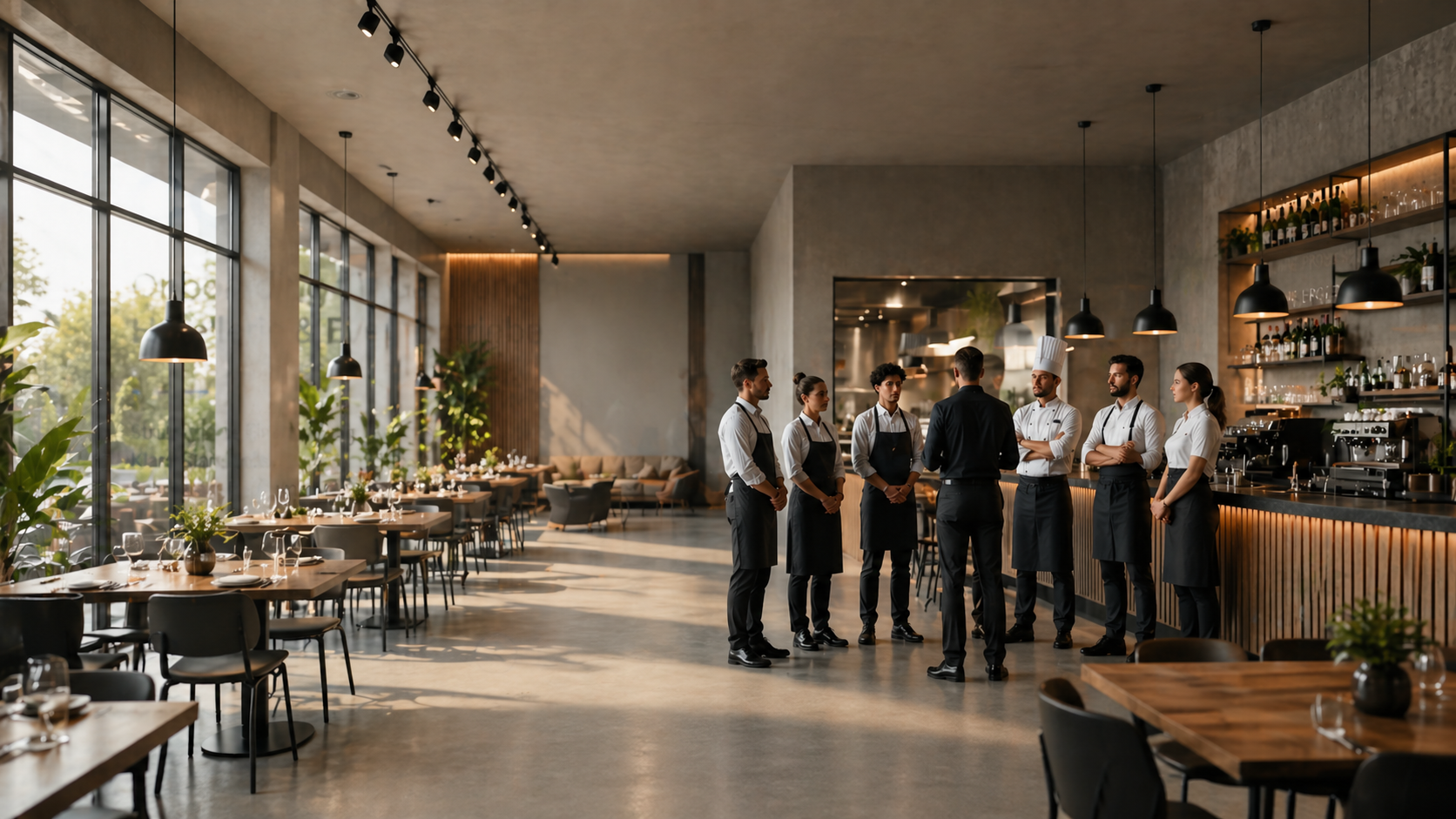 Restaurant team in conversation before service
