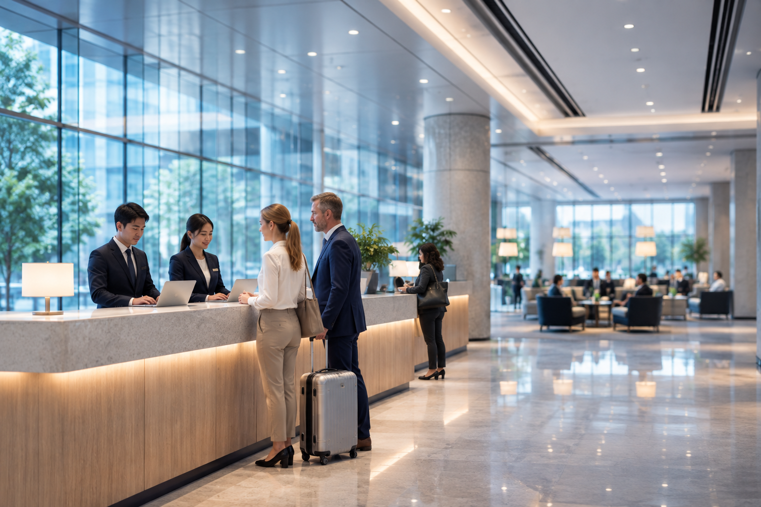 Hotel reception team welcoming guests in a modern hotel lobby