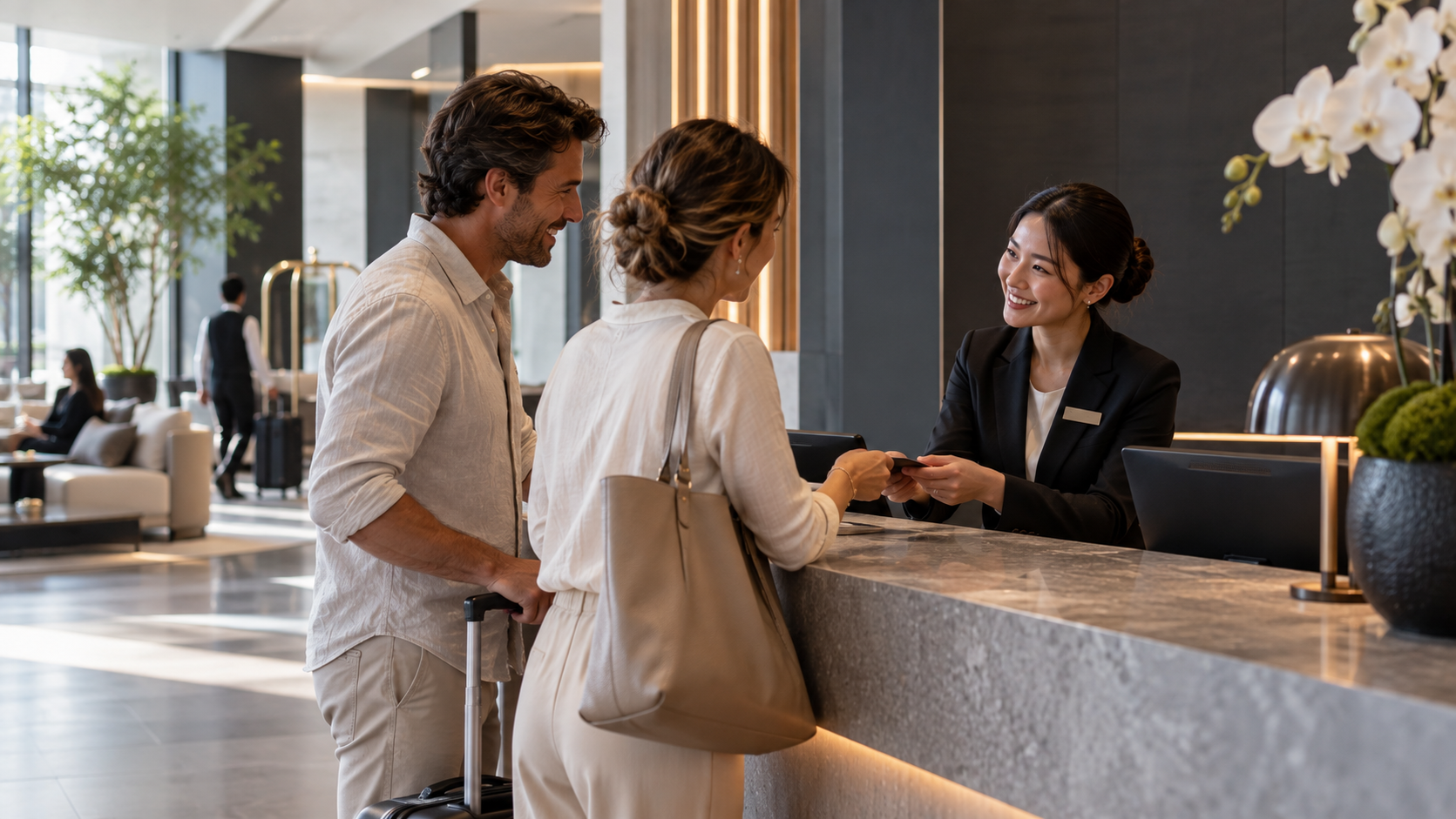 Receptionist assisting guests at a hotel reception desk