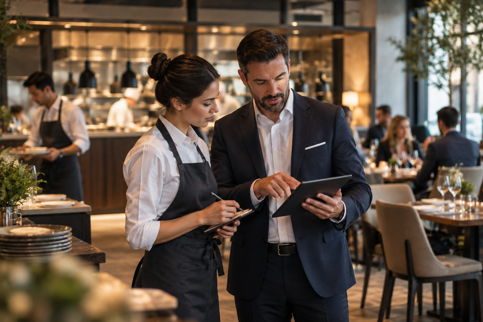 Restaurant manager and service employee reviewing information during service