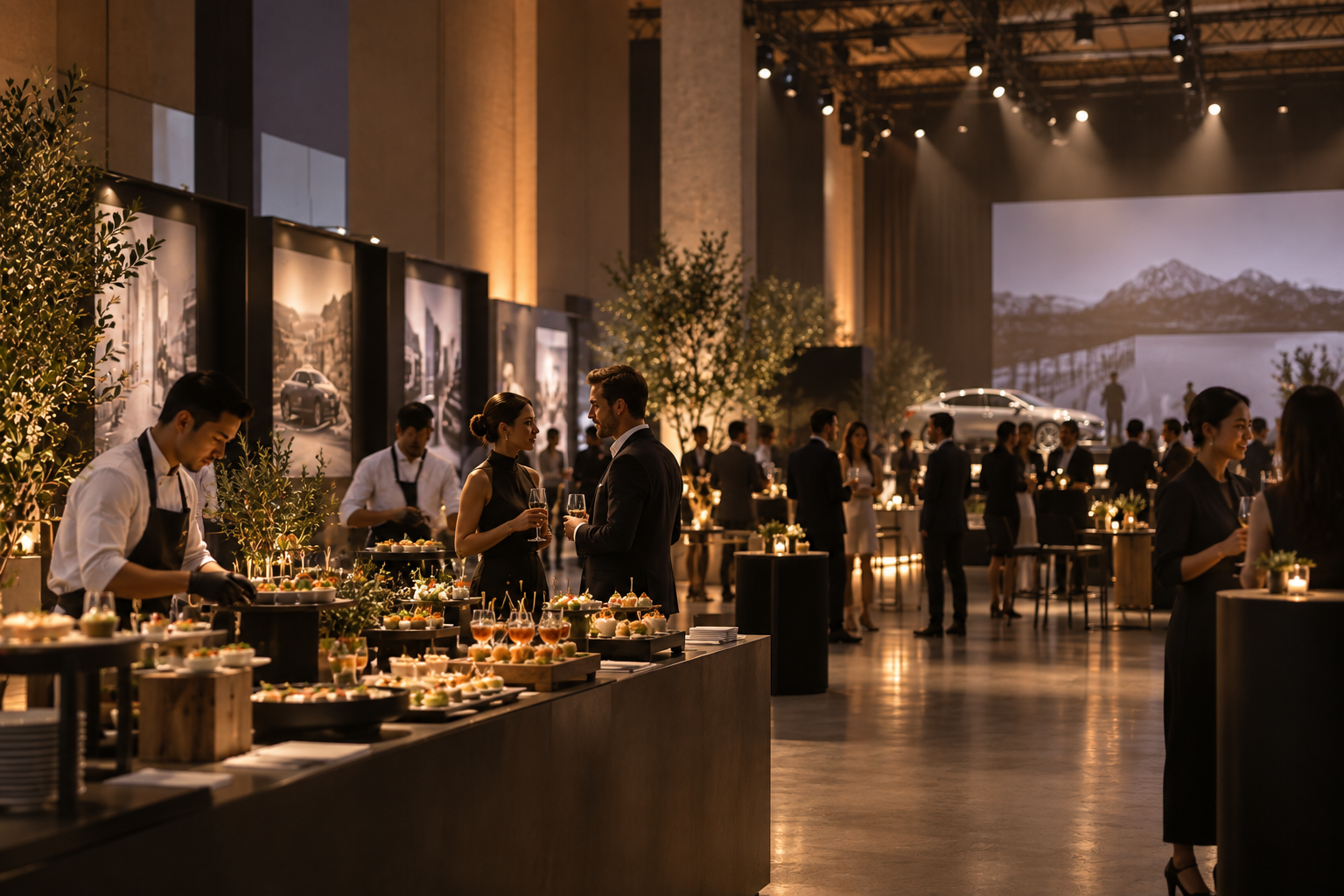 Event catering in operation: buffet service and guests at an evening event