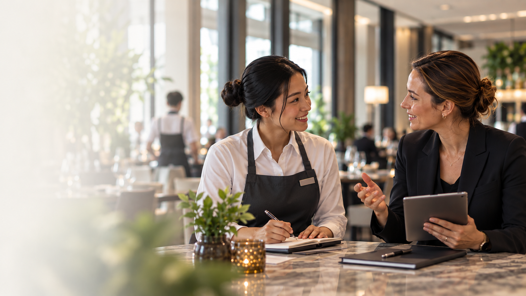 Service employee and manager discussing operational performance in a restaurant