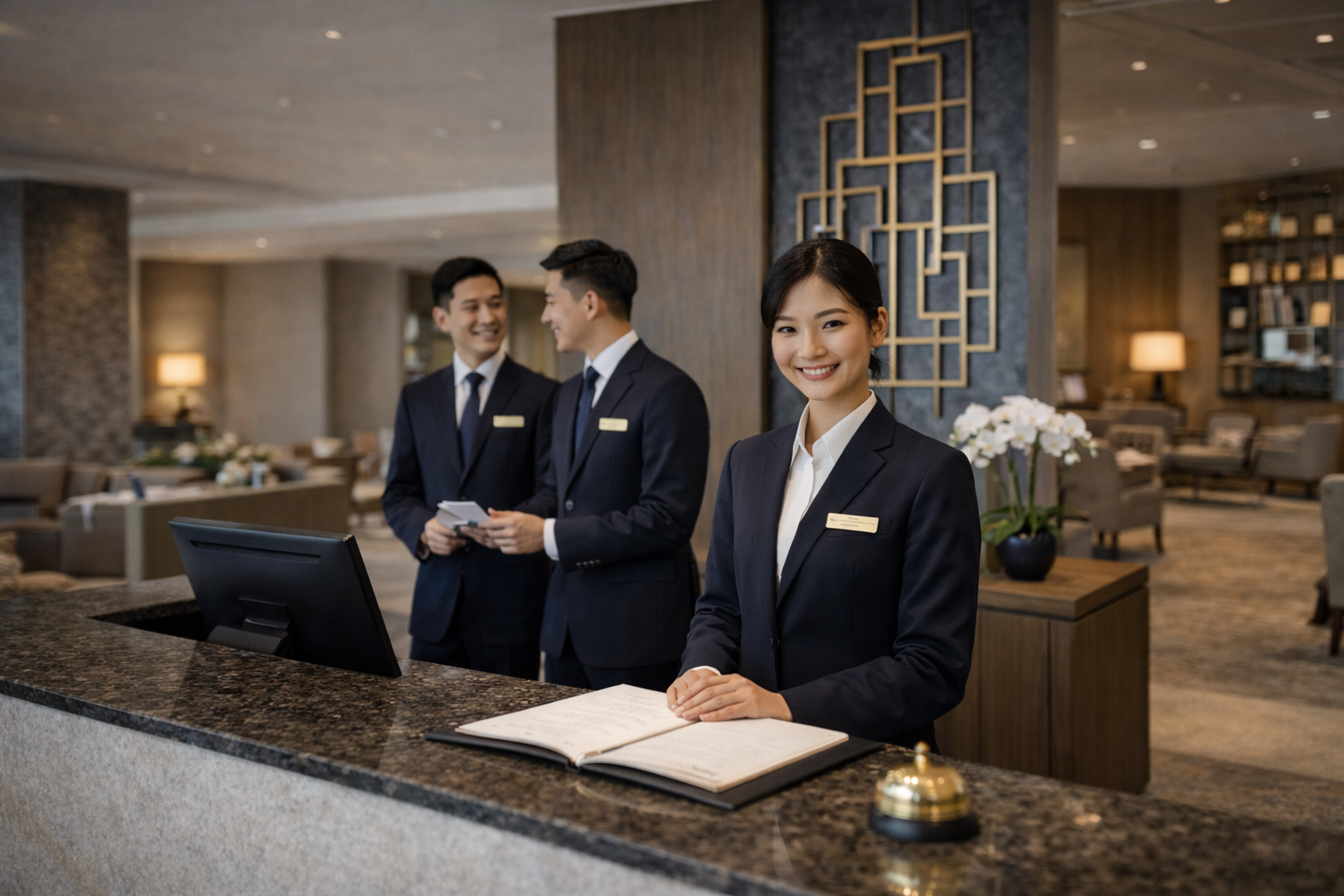Hotel reception team during operation in a modern hotel lobby